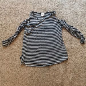 black and white striped cold shoulder top